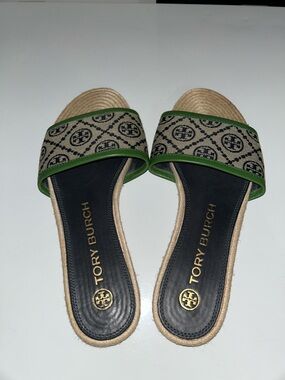 Tory Burch T Monogram Sandals Green and Beige Women's Slides Espadrille